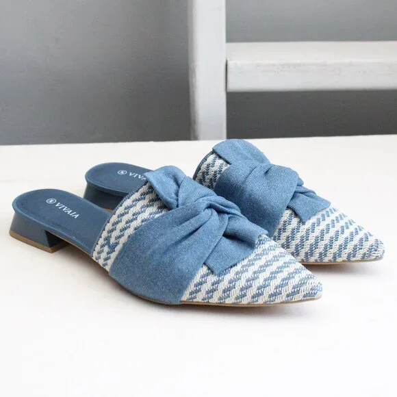 Vivaia Blue Denim White Pointed-Toe Knot Sandals Heel Mules (Yaffa Pro) Size 11 - Picture 2 of 10
